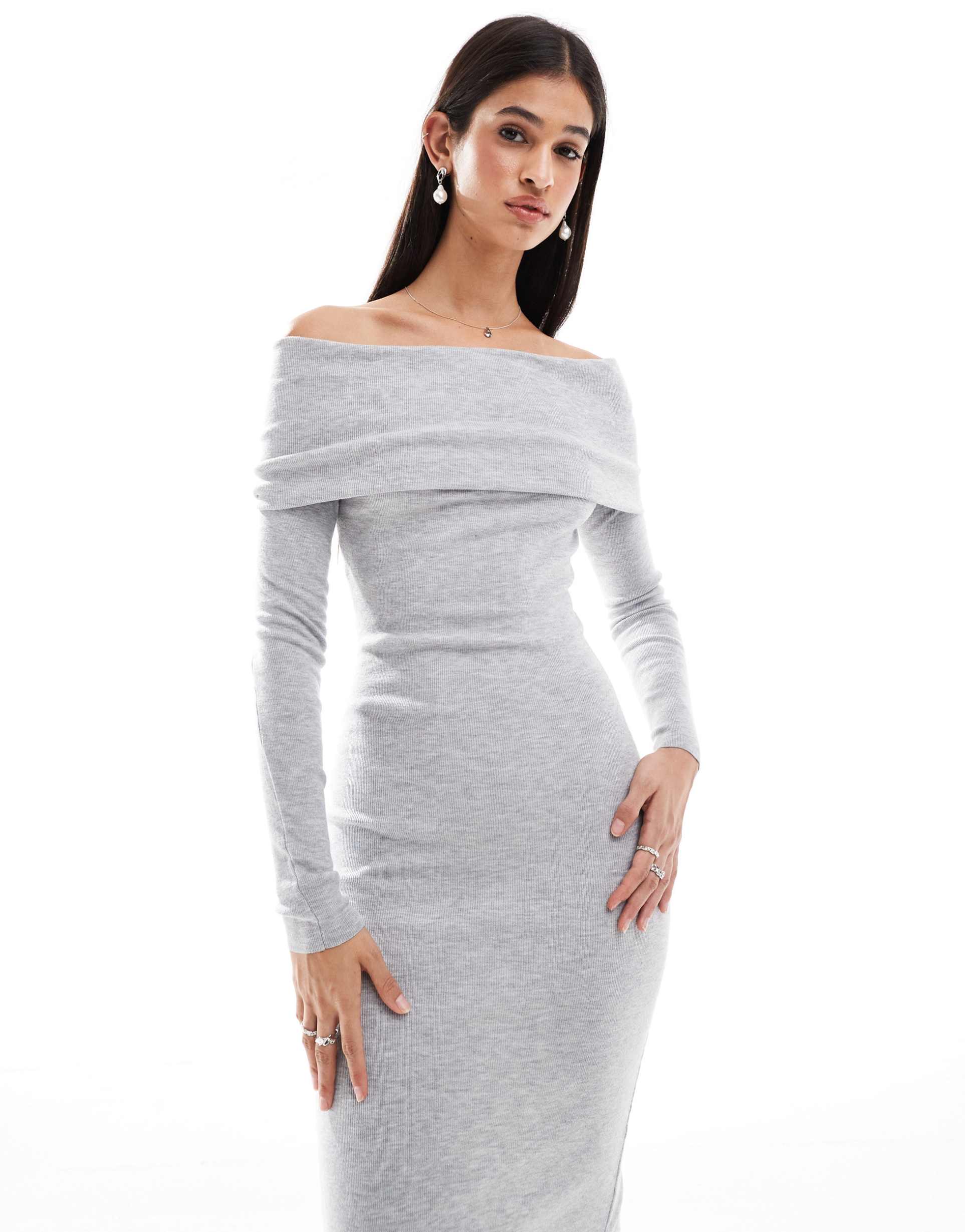 bershka knit bardot midi dress in gray