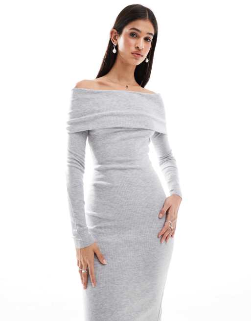 Bershka knit bardot midi dress in gray