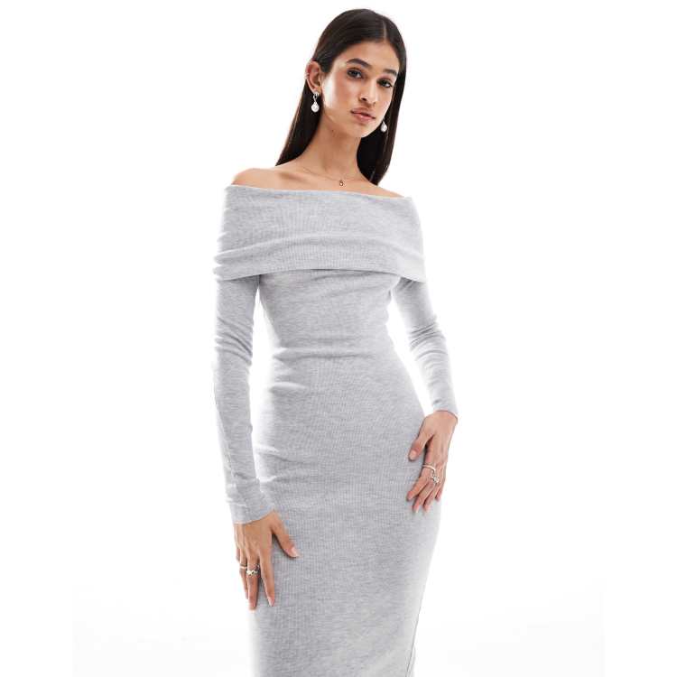 Bershka knit bardot midi dress in grey | ASOS