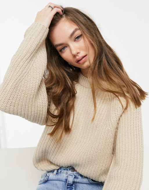 Bershka knit crew neck sweater in beige