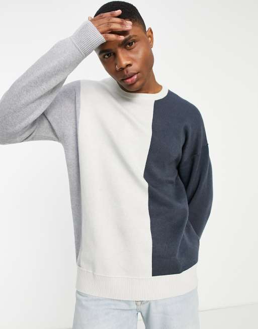 Bershka knit jumper in neutral colour block ASOS