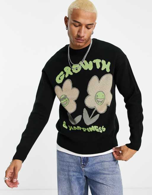 Bershka knit jumper with flower print in black