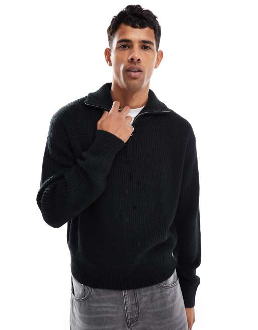 Bershka knit quarter zip sweater in black