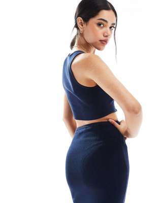 Shop Bershka Knit Square Neck Top In Blue
