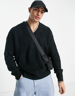 Bershka knit v neck jumper in black