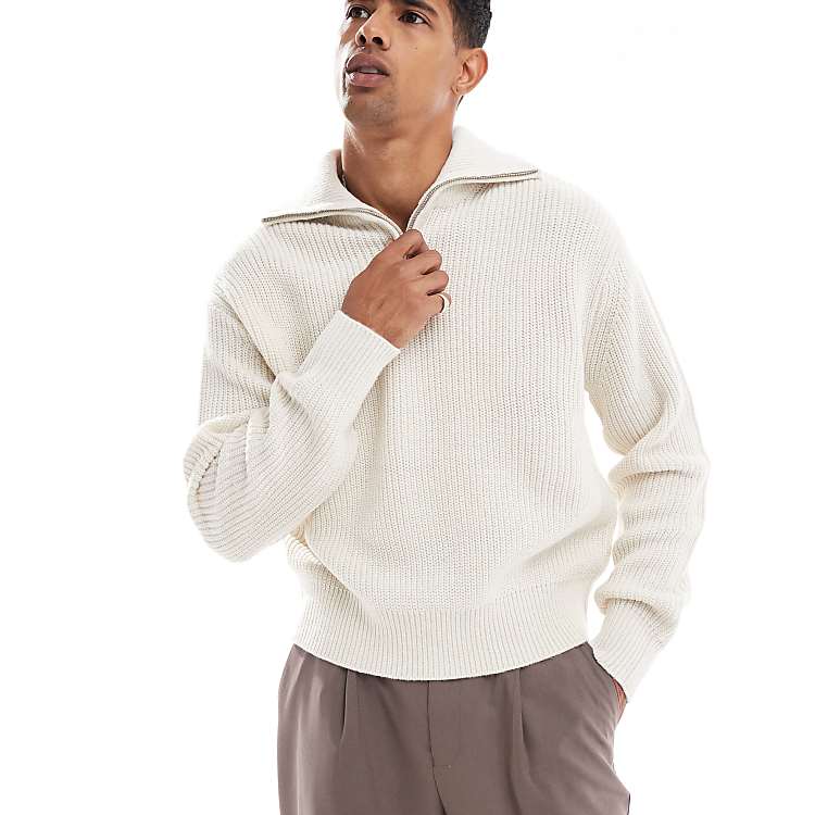 Bershka knitted 1/4 zip sweater in ecru | ASOS Bershka knitted 1/4 zip sweater in ecru | ASOS