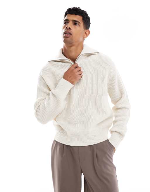 Bershka knitted 1/4 zip sweater in ecru 