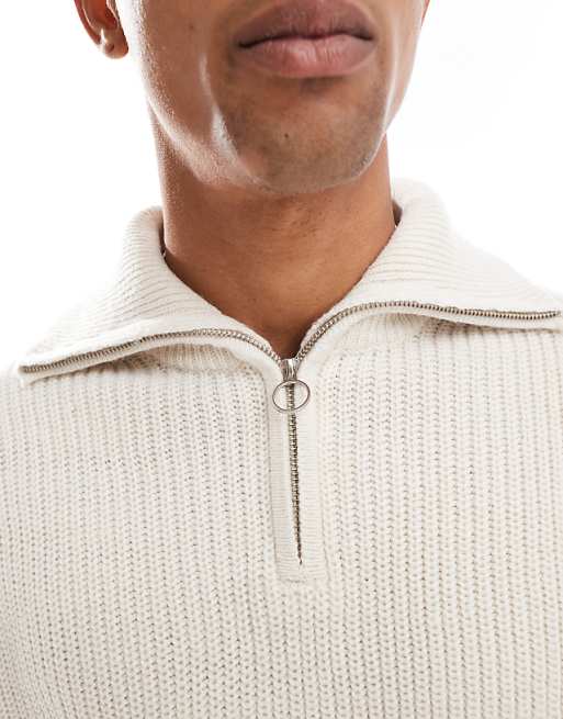 Bershka knitted 1/4 zip sweater in ecru | ASOS Bershka knitted 1/4 zip sweater in ecru | ASOS