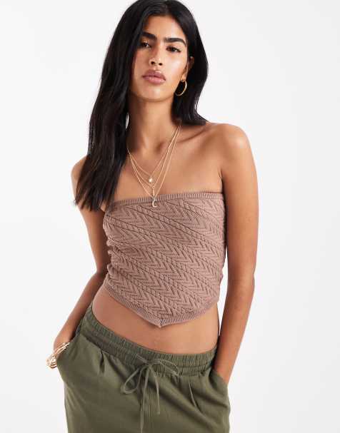 Bershka knitted bandeau top in brown - view 1