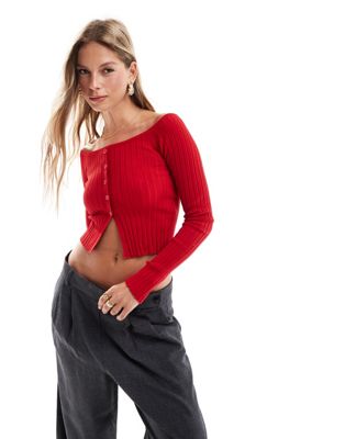 knitted button front bardot top in red