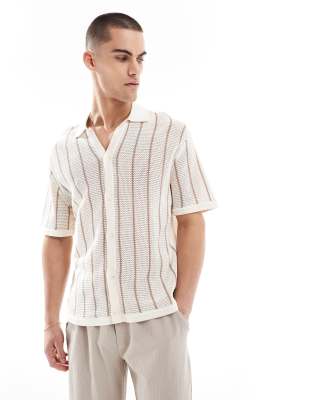 knitted button through stripe shirt in ecru-Neutral