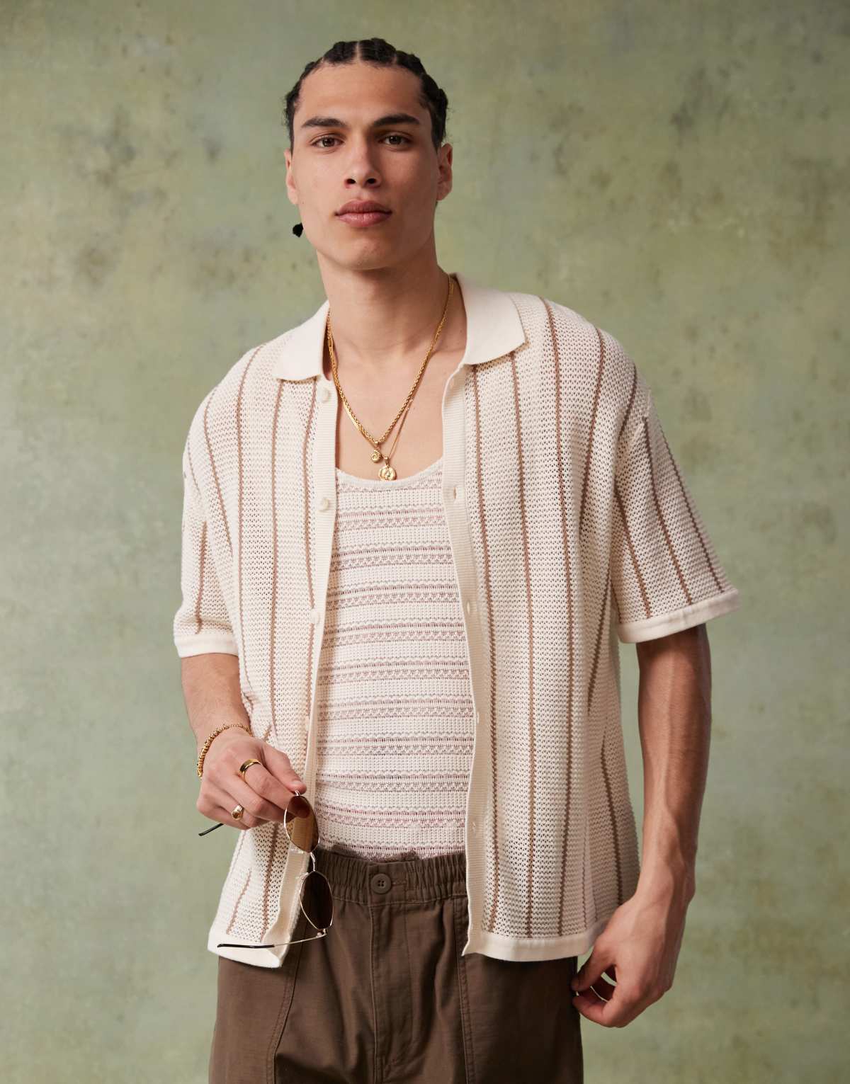 Bershka knitted button through stripe shirt in ecru