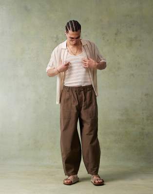 Bershka Knitted Button Through Stripe Shirt In Neutral