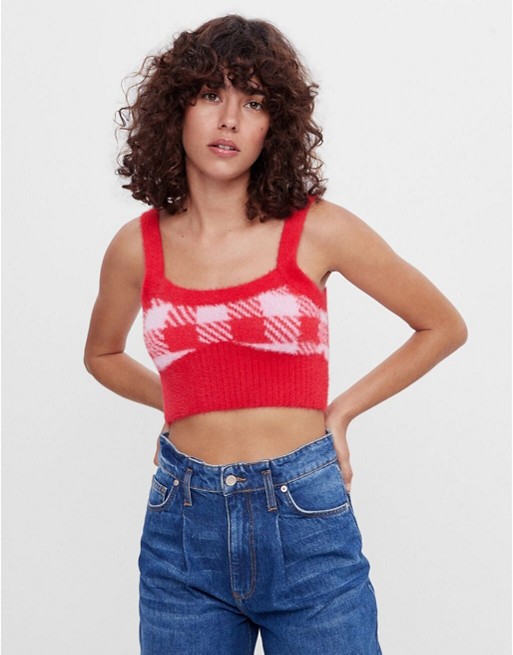 Bershka knitted check cami twinset co-ord  in red check