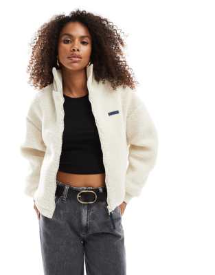 Bershka knitted collar shearling jacket in ecru