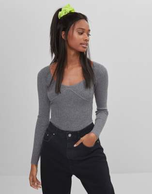 Bershka knitted corset detail bodysuit in charcoal-Grey