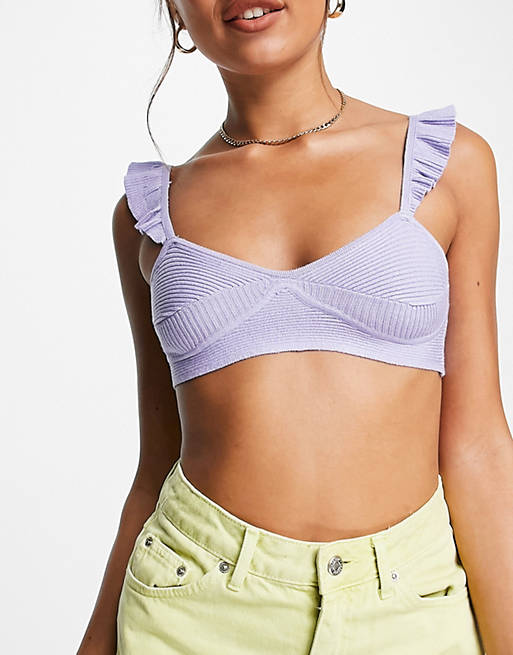 Bershka knitted corset detail frill strap bralet in lilac