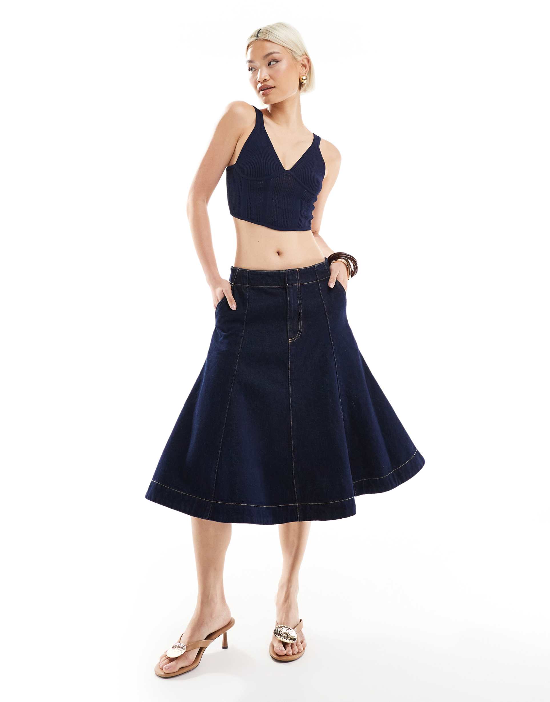 bershka knitted corset top in navy