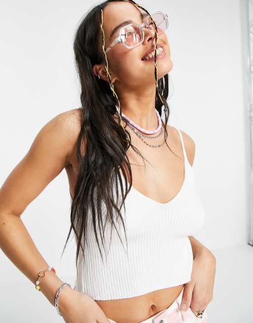 Bershka knitted crop singlet in white