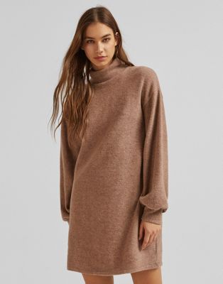 Bershka knitted dress with high neck in brown