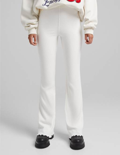 Bershka knitted flare pants co-ord with lettuce hem detail in ecru