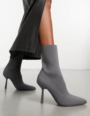 Bershka Knitted Heeled Boots In Charcoal-gray