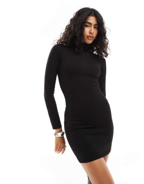 Bershka knitted high neck dress in black - view 1