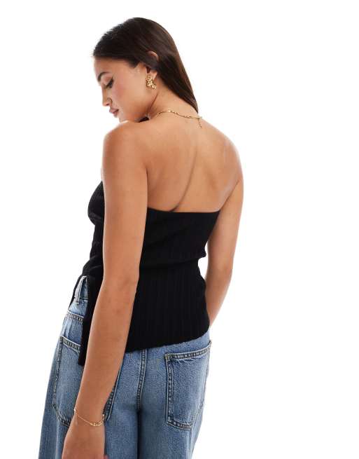 Bershka contrast hem longline bandeau top in black