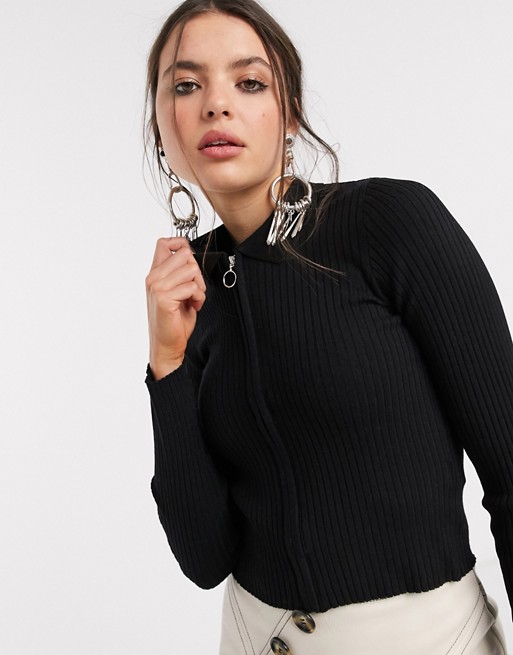 Bershka knitted polo top in black