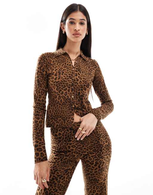 Bershka knitted polo top in leopard print (part of a set)