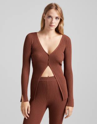 Bershka knitted rib detail button cardigan co-ord in brown