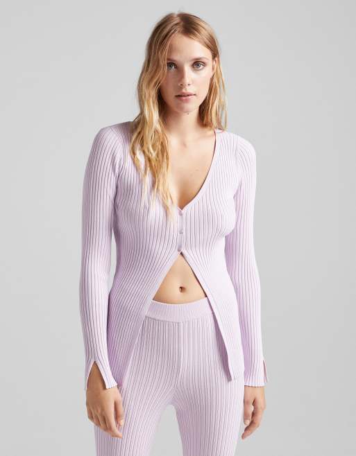 Bershka knitted rib detail button cardigan co-ord in lilac