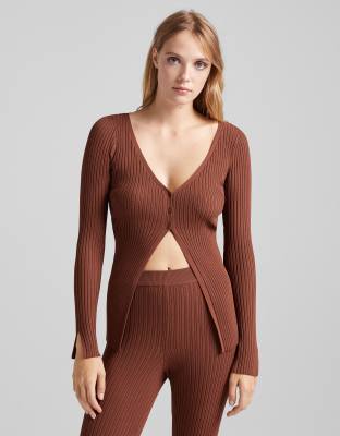 Bershka Knitted Rib Detail Button Cardigan In Brown