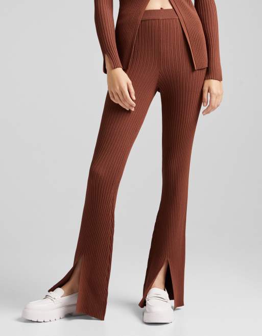 Bershka knitted rib detail pants with split detail in brown