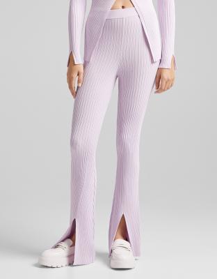 Bershka knitted rib detail pants with split detail in lilac-Purple