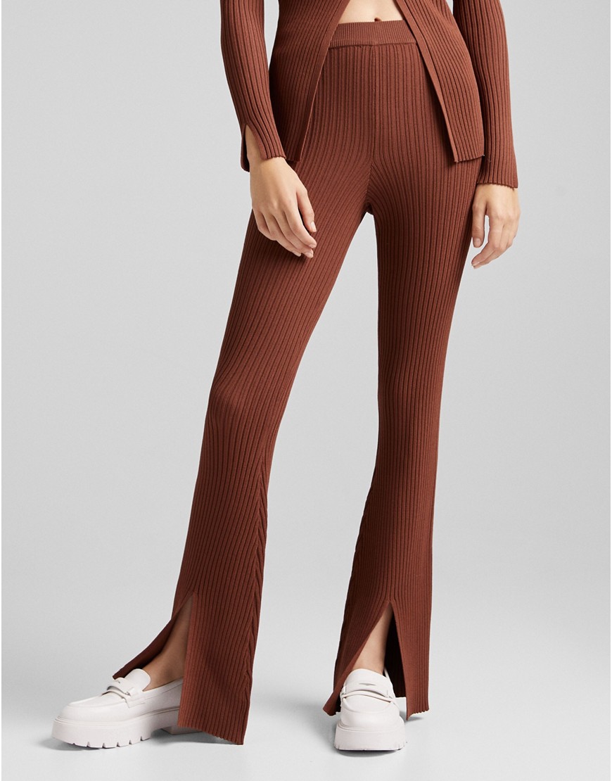 Bershka knitted rib detail trousers with split detail in brown