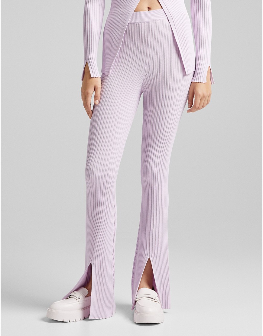 Bershka knitted rib detail trousers with split detail in lilac-Purple