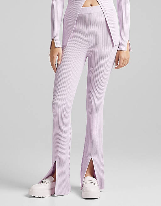 Women Bershka knitted rib detail trousers with split detail in lilac 
