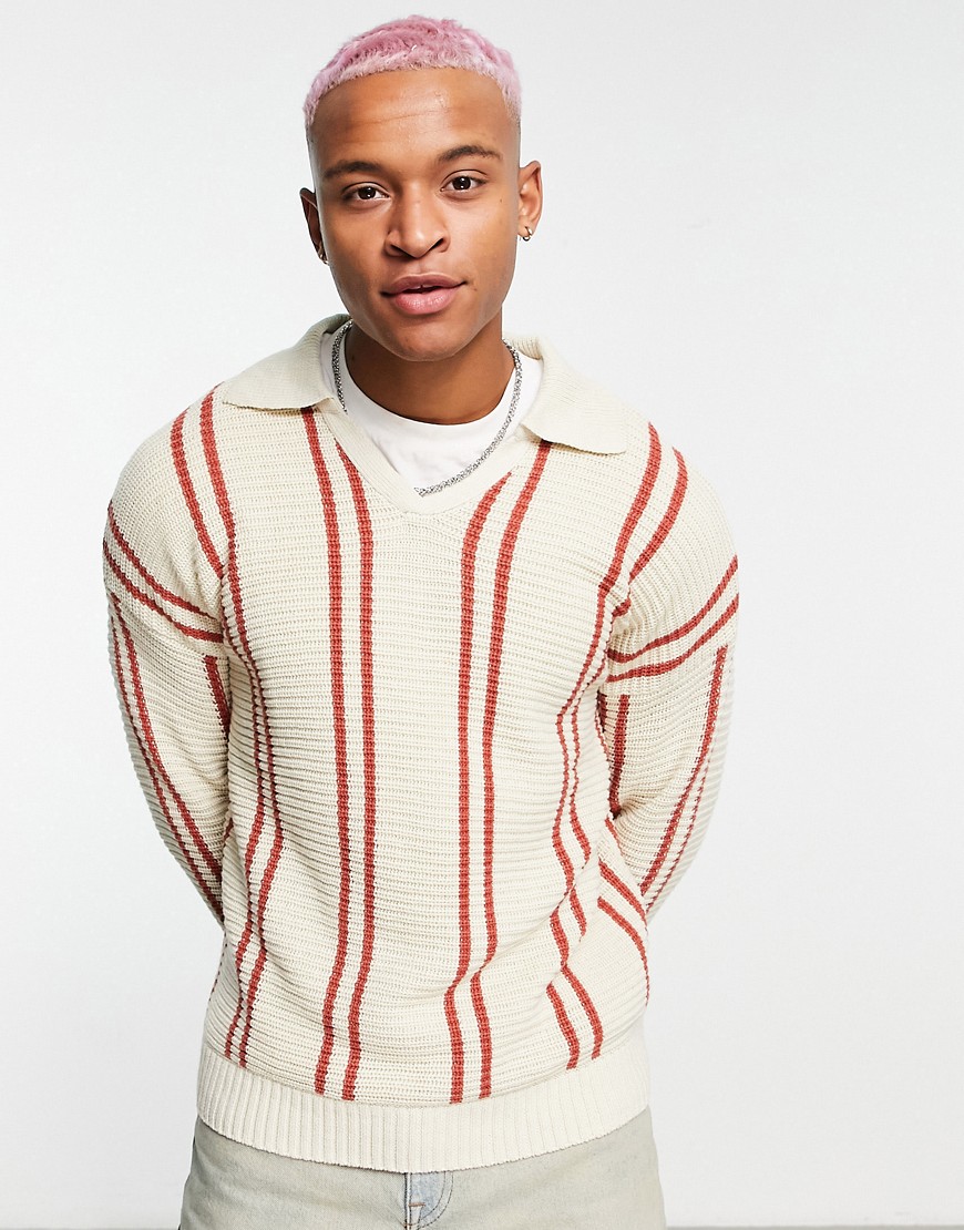 Bershka knitted stripe sweater in ecru-White