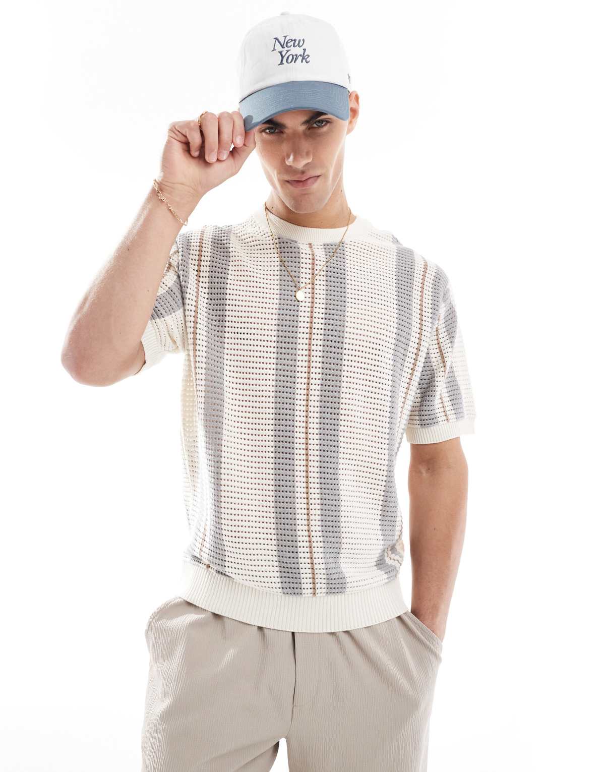 Bershka knitted stripe t-shirt in beige