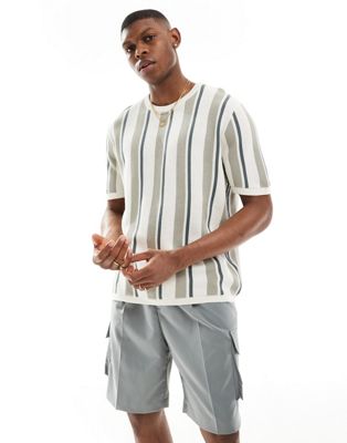 Bershka knitted stripe t-shirt in khaki