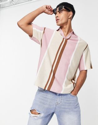 Bershka knitted striped polo shirt in pink and beige