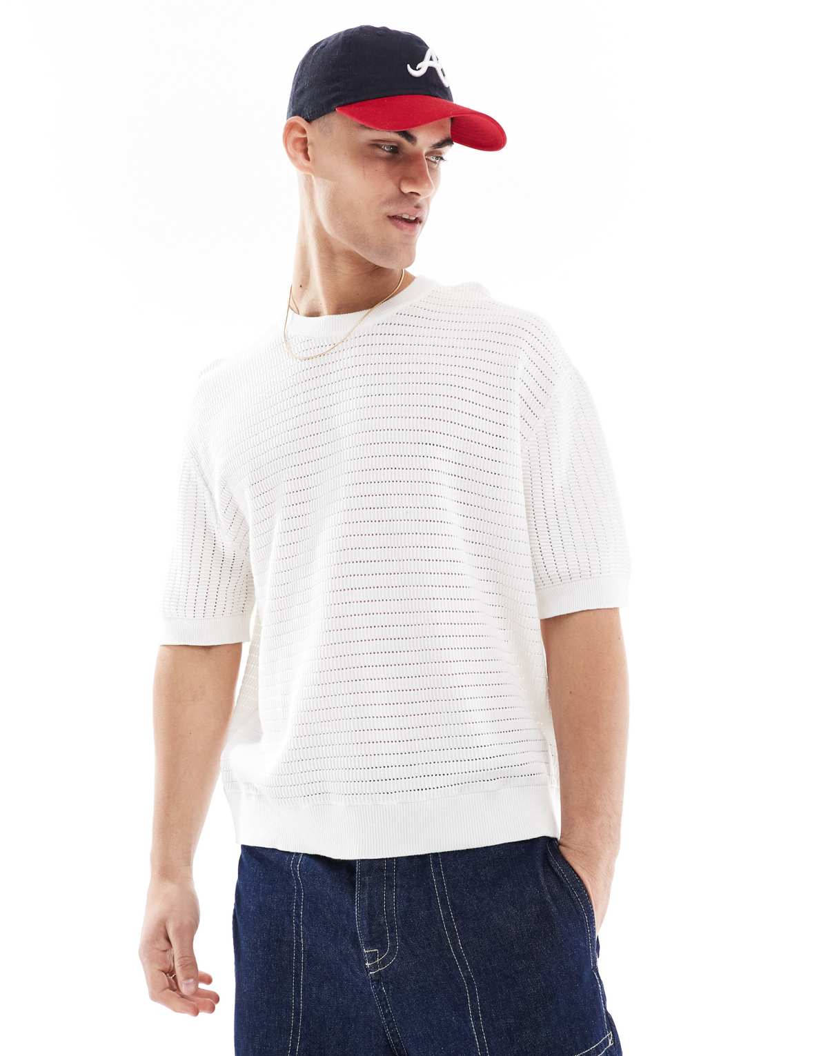 Bershka knitted textured t-shirt in white