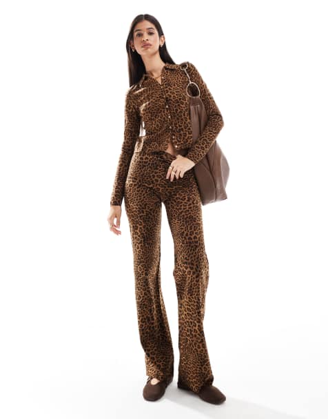 Bershka knitted wide leg trousers co-ord in leopard print - view 1
