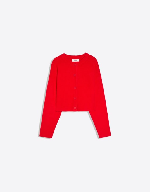 Bershka kofta i stickat med rund hals och knäppning i rött, 5 av 5