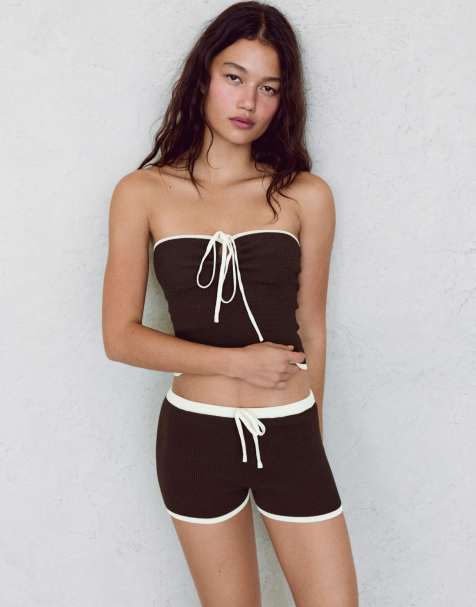 Bershka kontrastfärgad bandeau-stickad topp i brun - view 1