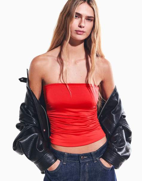 Bershka - Koralfarvet rynket bandeau-overdel - view 1
