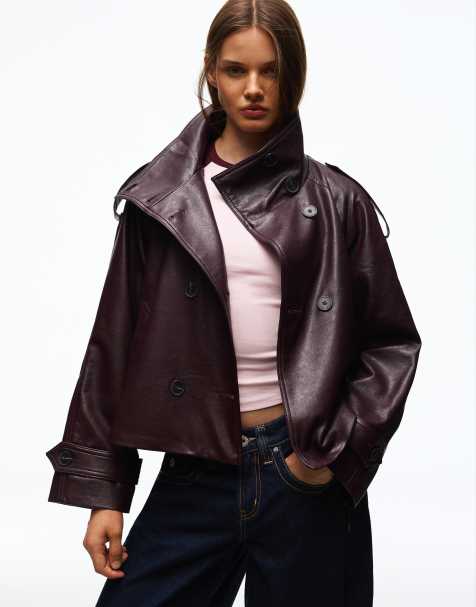 Bershka kort trenchcoat i läderimitation i burgundy - view 1