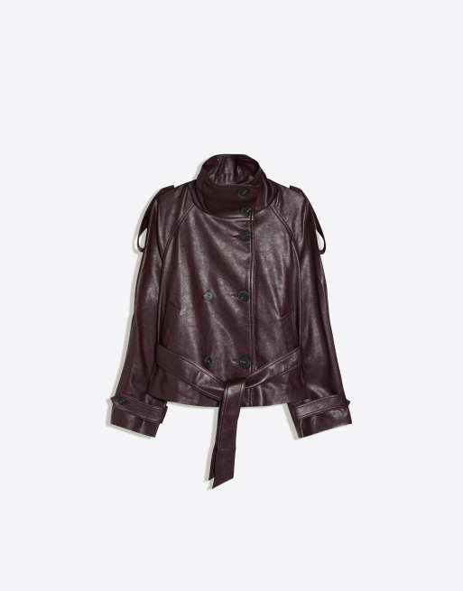 Bershka kort trenchcoat i læderlook i burgundy, 5 af 5