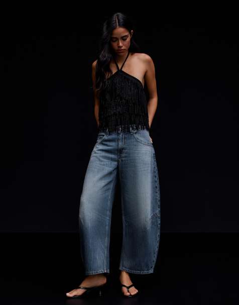 Bershka korta barrel-leg jeans i mellanblå - view 1